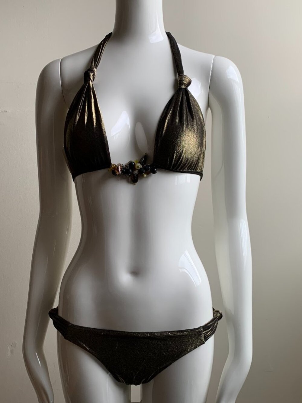Sauvage california bronze gold beaded halter top bikini